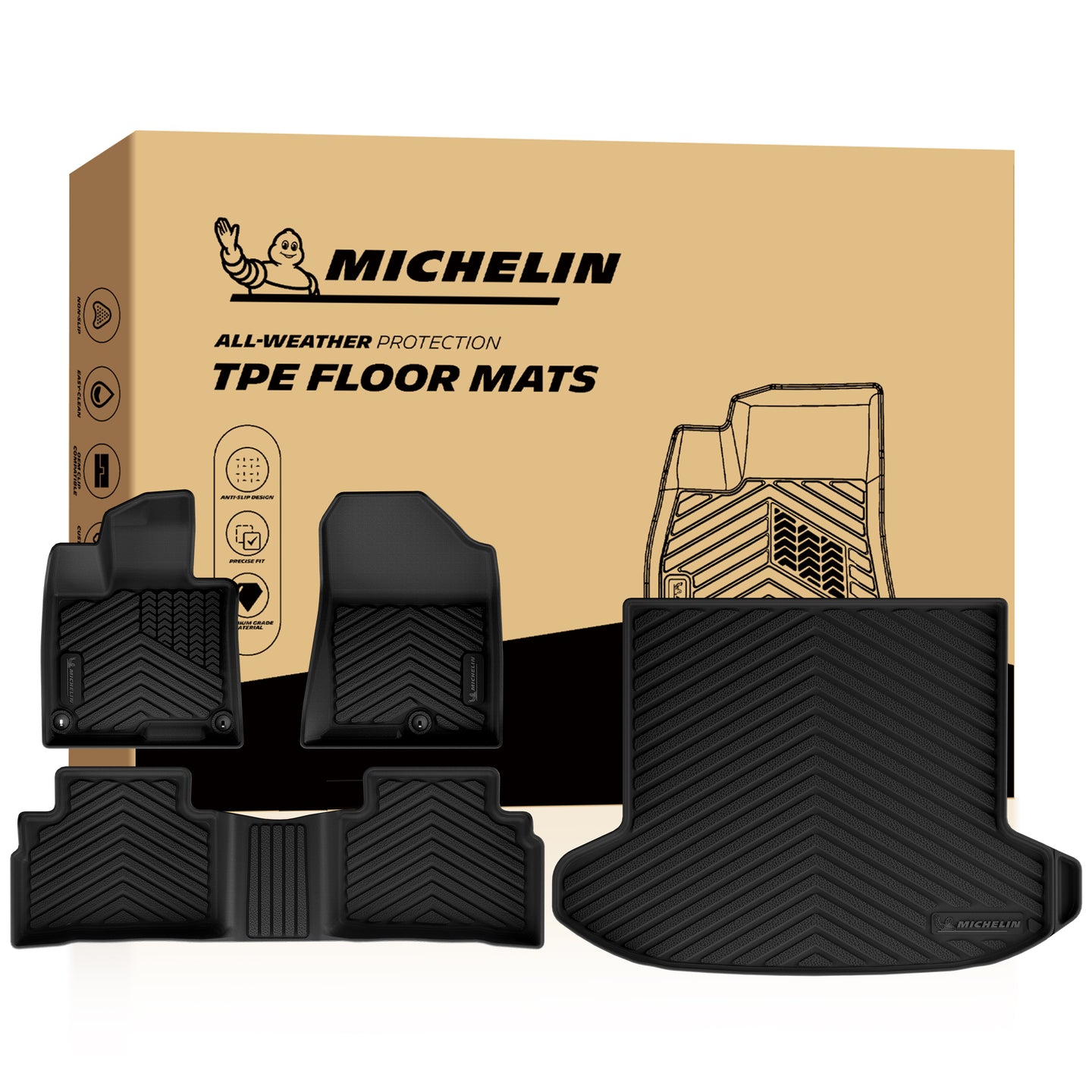 Full set Michelin all-weather floor liners: front mats, rear bench mat, rear cargo trunk mat with retail box