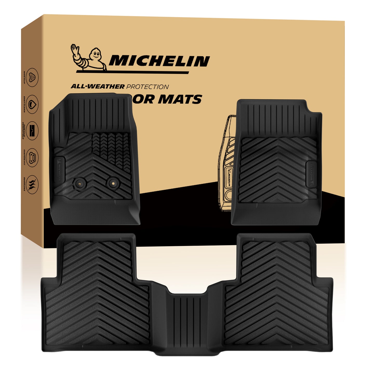 Full set Michelin all-weather floor mats displayed alongside official product packaging.