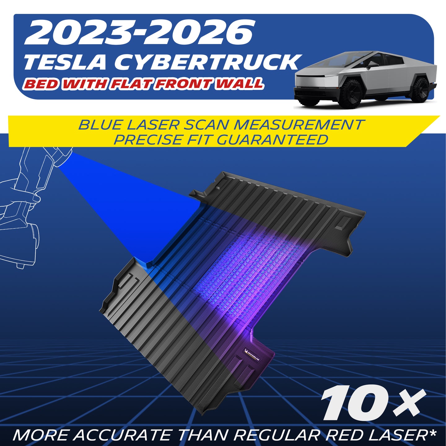 TPE truck bed mat for 2023-2026 Tesla Cybertruck with flat front wall cargo bed, blue laser scanning for accurate custom fit.