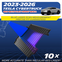 TPE truck bed mat for 2023-2026 Tesla Cybertruck with flat front wall cargo bed, blue laser scanning for accurate custom fit.
