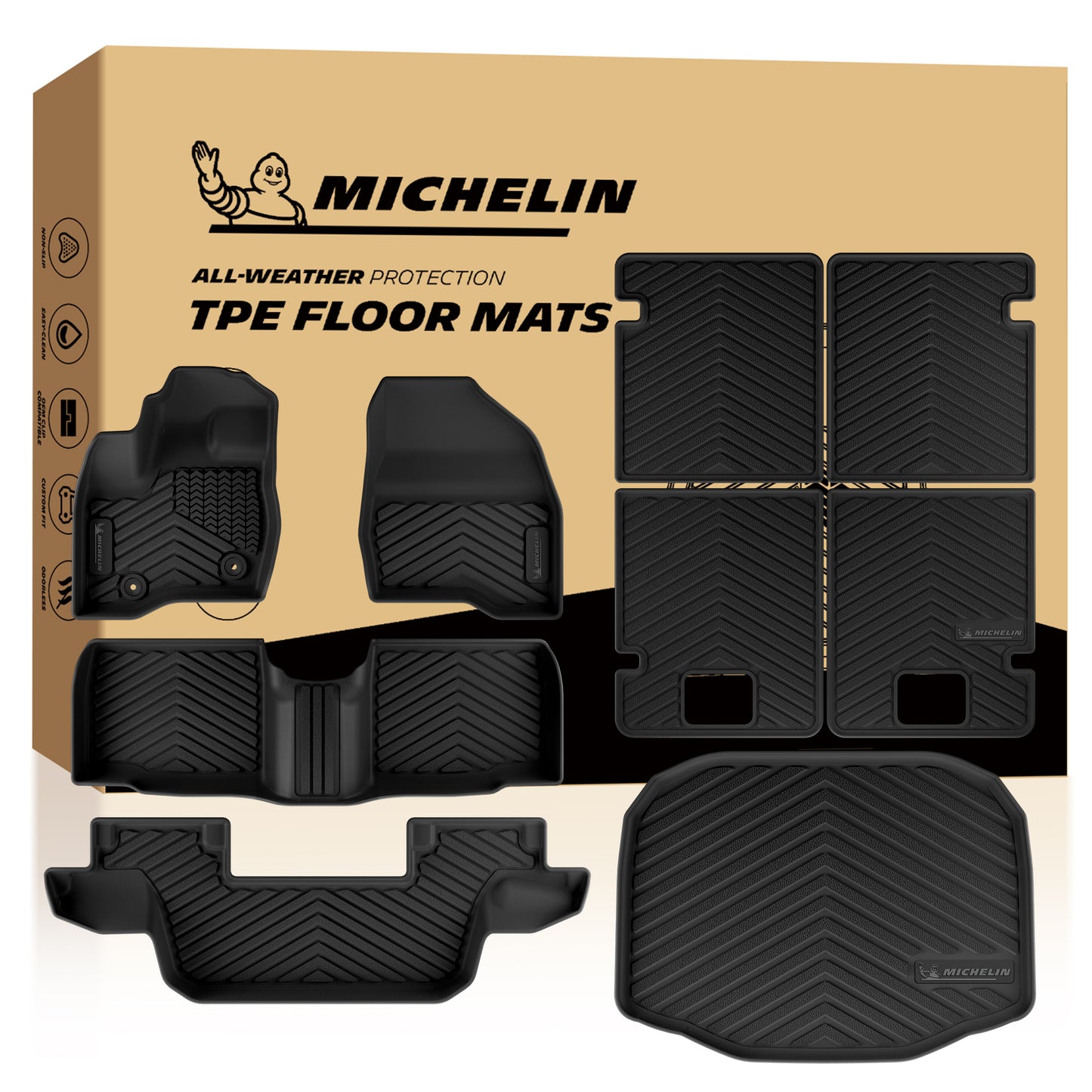 Complete set Michelin all-weather TPE floor mats and cargo liner with original packaging box.