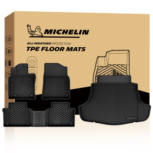 4-piece Michelin all-weather TPE floor mat set including front mats, rear liner & cargo mat with retail gift box
