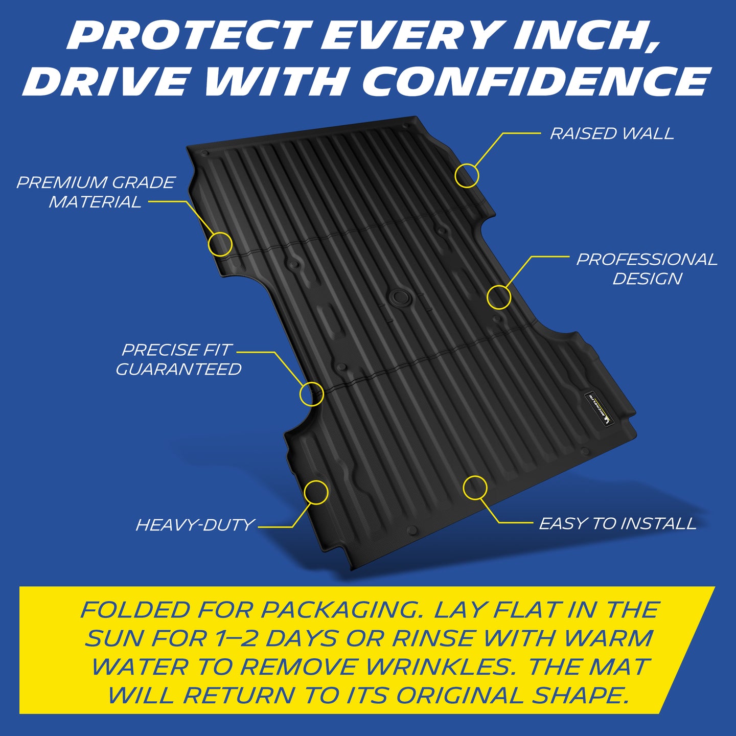 Michelin TPE pickup bed mat with feature labels and wrinkle removal instructions