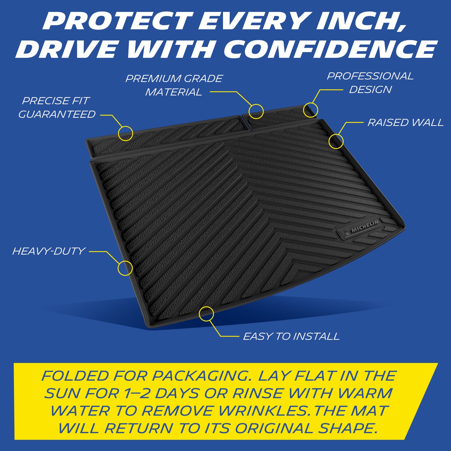 Precise fit premium TPE cargo mat with raised spill walls, heavy-duty, easy install; sun/warm water removes fold wrinkles