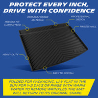 Precise fit premium TPE cargo mat with raised spill walls, heavy-duty, easy install; sun/warm water removes fold wrinkles