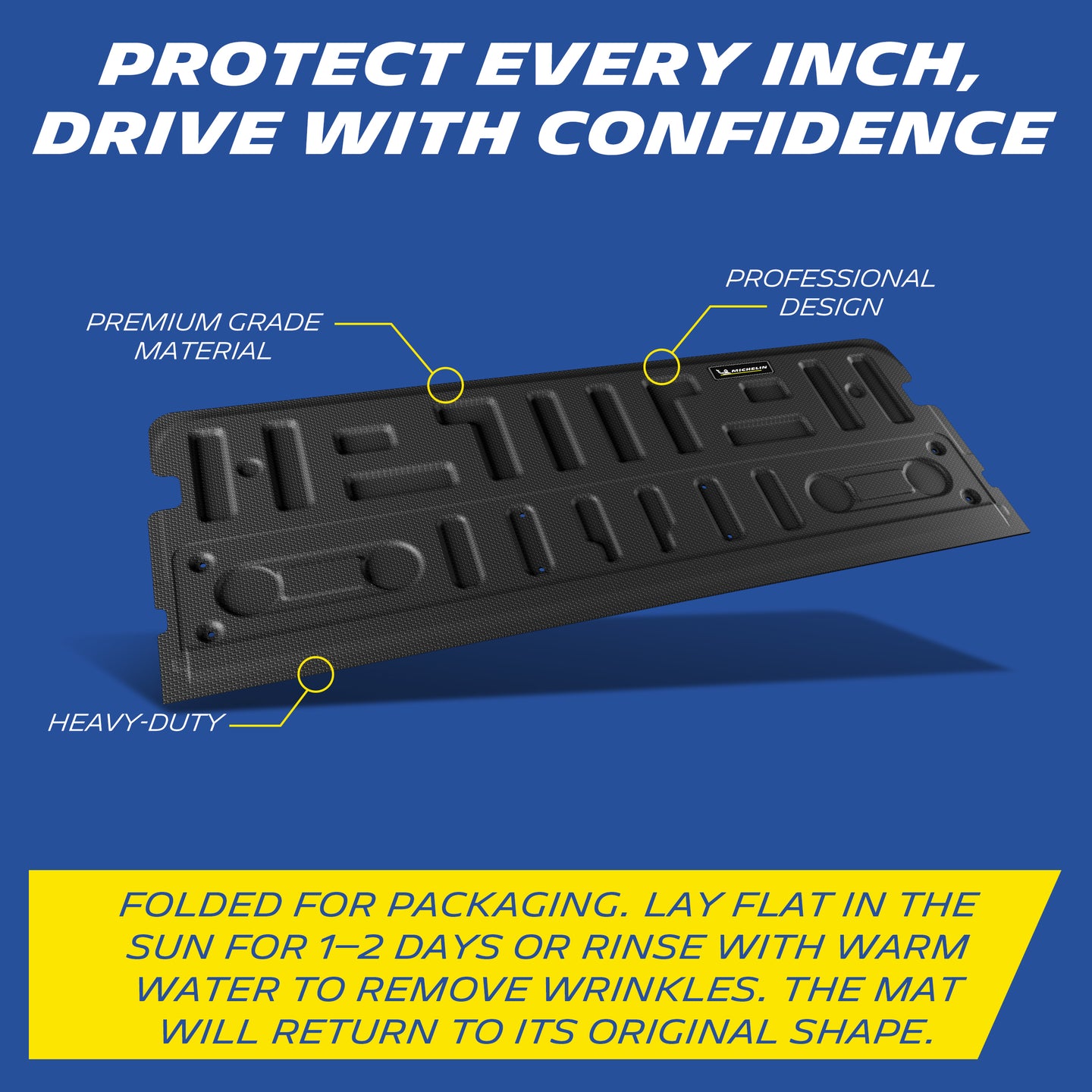 Michelin rear TPE floor mat infographic, premium heavy‑duty material, wrinkle removal tips
