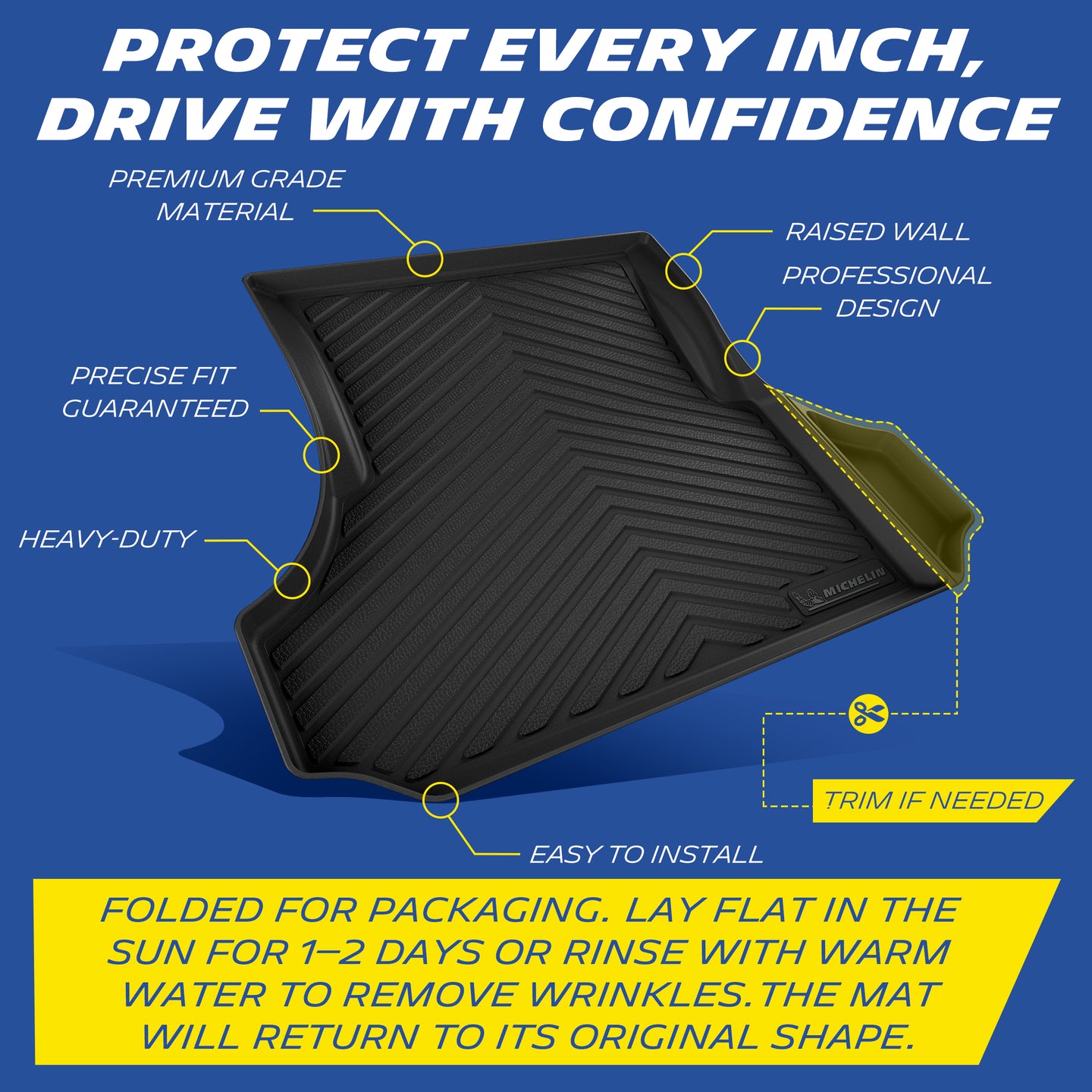 Michelin trunk mat features: anti-slip, raised walls, OEM clips, liquid channels, heavy-duty, easy install.