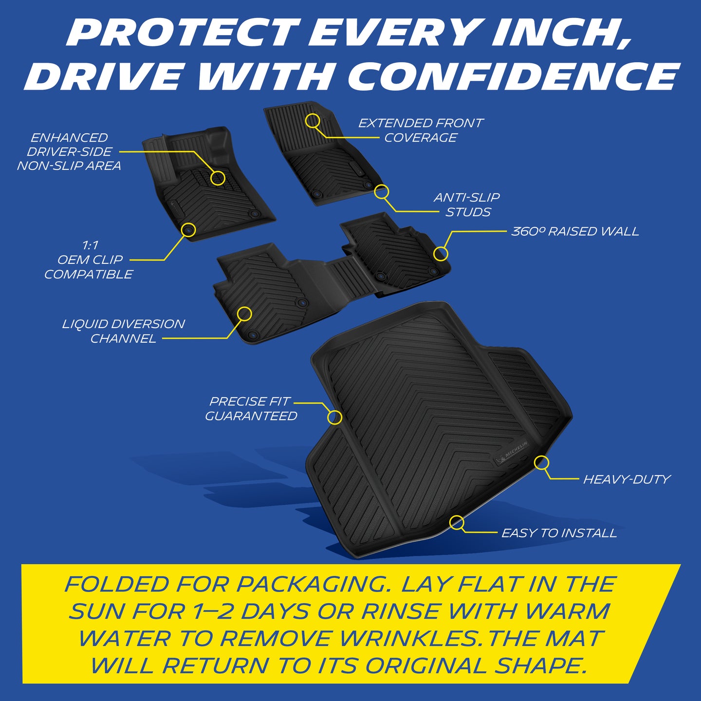 Michelin floor mat features: anti-slip, raised walls, OEM clips, liquid channels, heavy-duty, easy install
