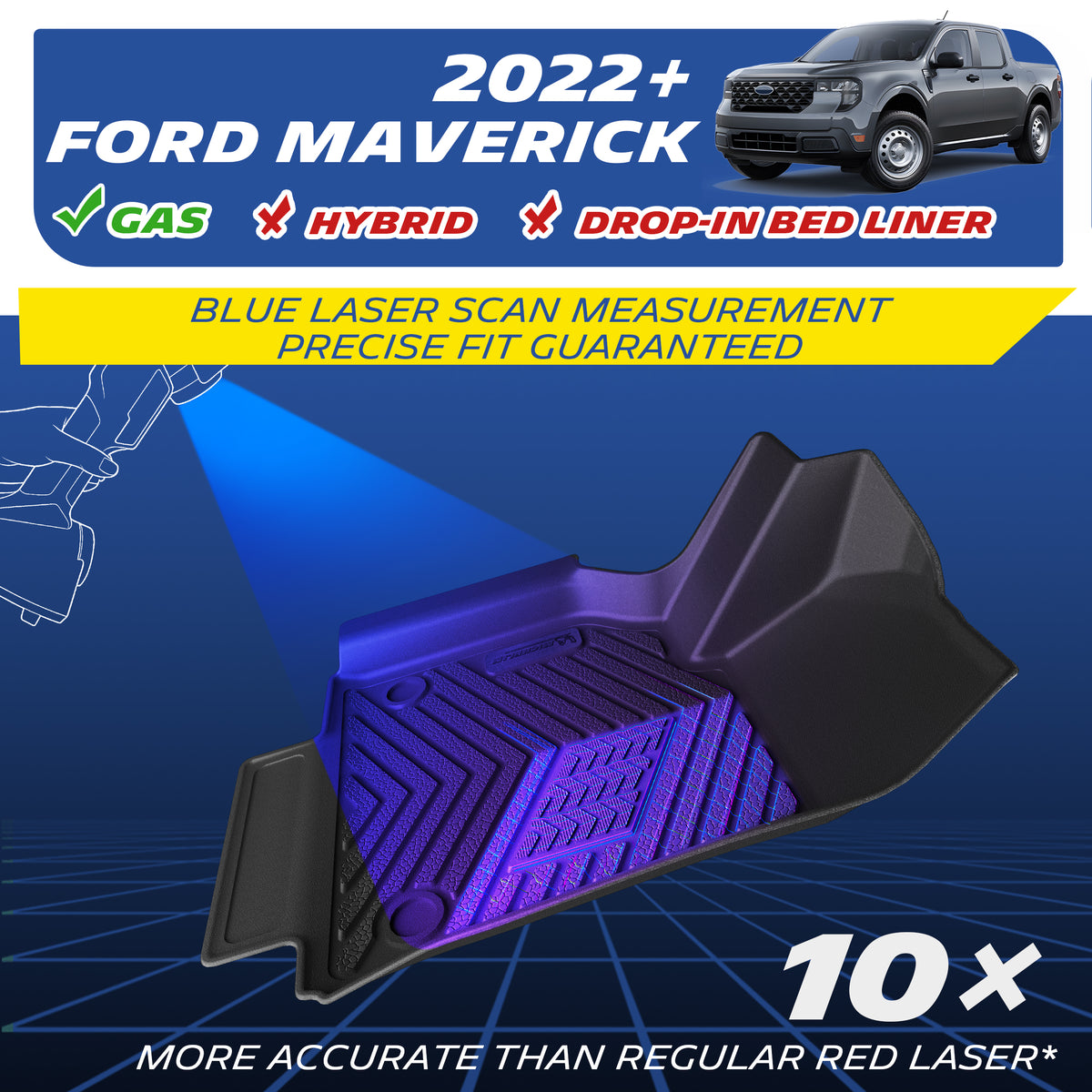 Michelin all-weather TPE floor mats, fits 2022+ Ford Maverick gas models (not for hybrid or with drop-in bed liner), blue laser scan measurement for precise fit, 10x more accurate than standard red laser, custom-fit guaranteed.