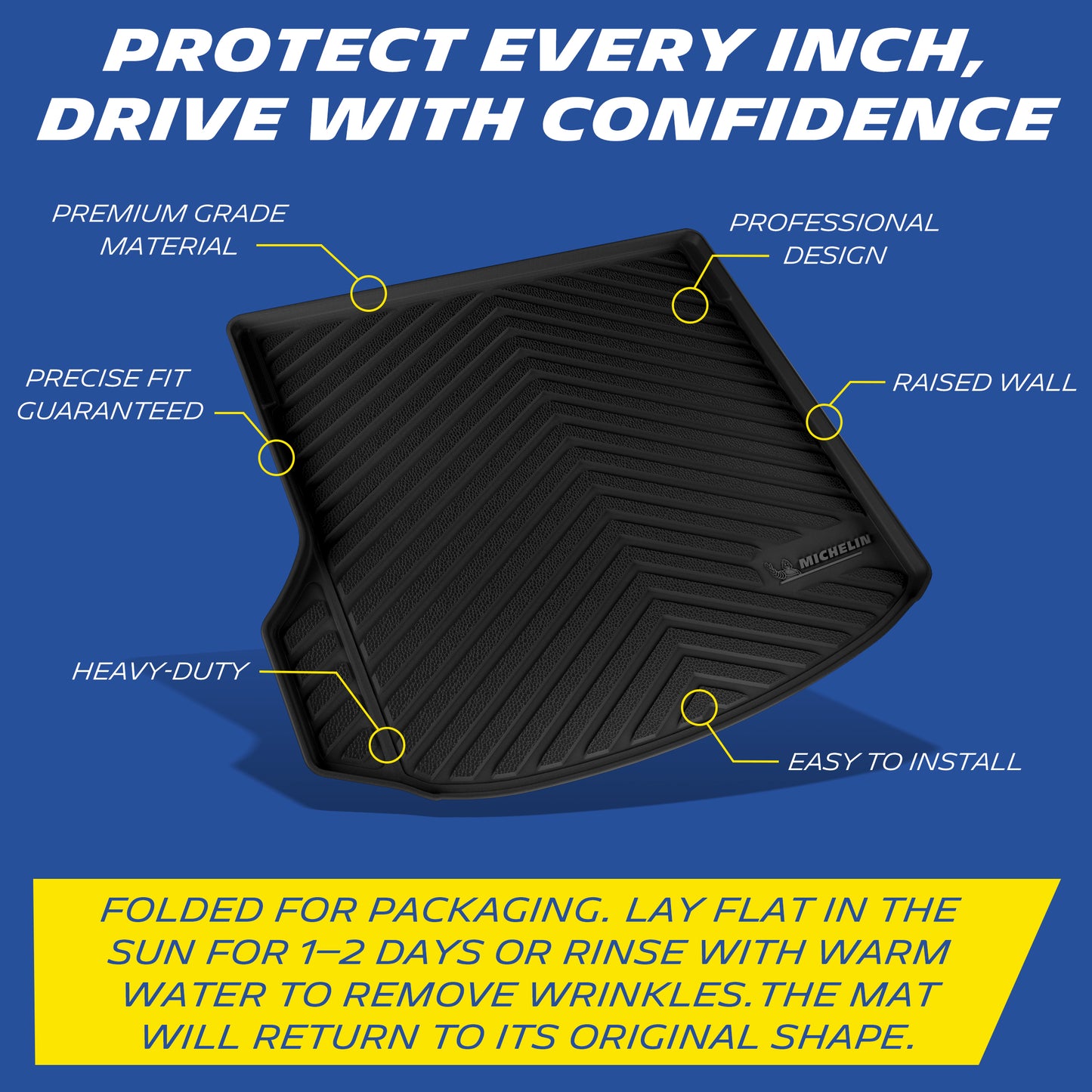 Extended coverage, anti-slip studs, raised wall, OEM clips, drainage channels.