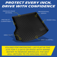 Extended coverage, anti-slip studs, raised wall, OEM clips, drainage channels.