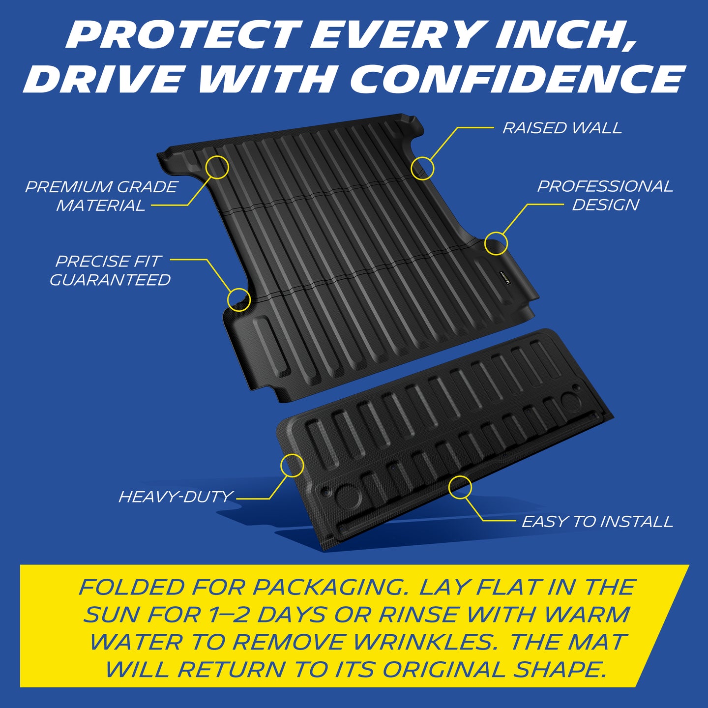 Comprehensive protection feature breakdown of a black heavy-duty truck bed and tailgate mat set. Callouts highlight six core benefits: raised walls, premium grade material, guaranteed precise fit, professional design, heavy-duty construction, and easy installation. Includes crucial shape restoration instructions: simply lay the mat flat in the sun for 1-2 days or rinse with warm water to effortlessly remove temporary folding wrinkles and restore its original shape.
