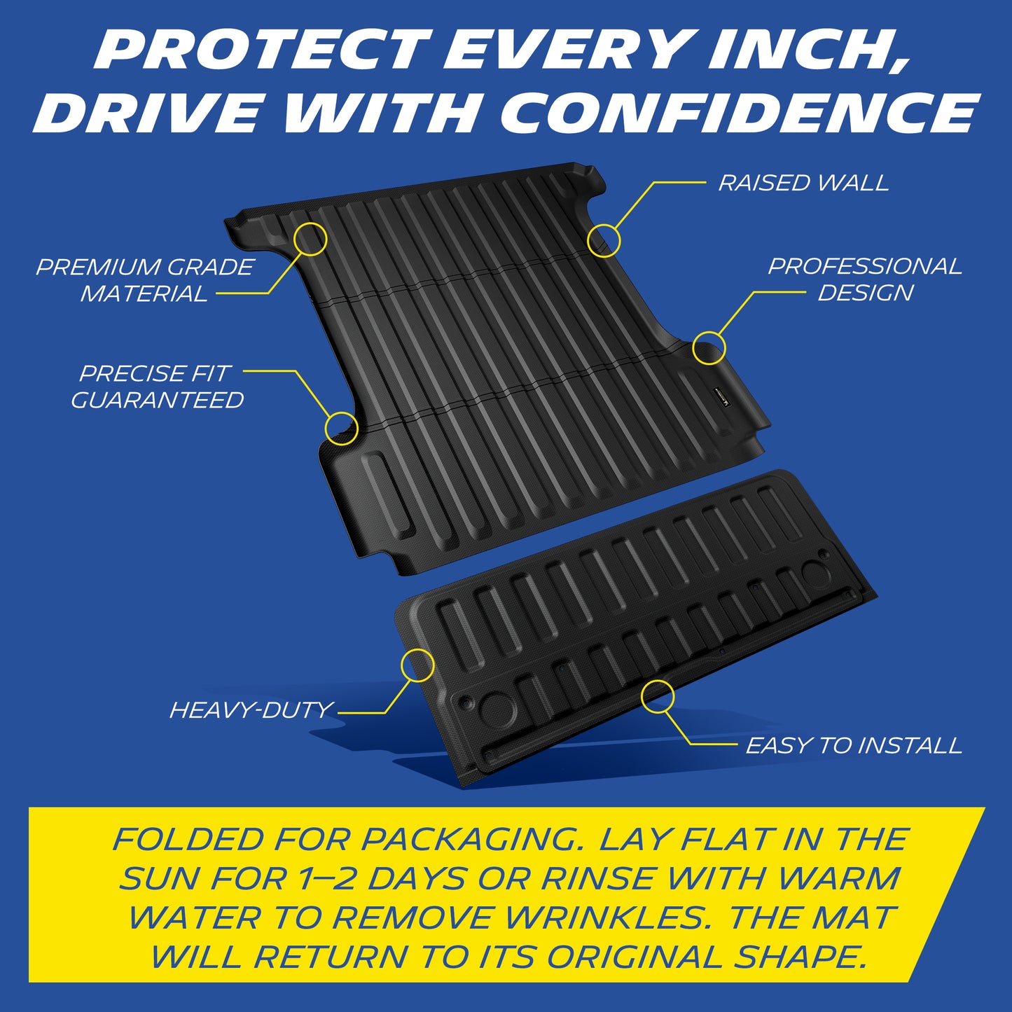Comprehensive protection feature breakdown of a black heavy-duty truck bed and tailgate mat set. Callouts highlight six core benefits: raised walls, premium grade material, guaranteed precise fit, professional design, heavy-duty construction, and easy installation. Includes crucial shape restoration instructions: simply lay the mat flat in the sun for 1-2 days or rinse with warm water to effortlessly remove temporary folding wrinkles and restore its original shape.