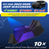 Michelin all-weather TPE floor mats, fits 2022-2026 Jeep Wagoneer 8-seat models (not for 7-seat or L/S versions), blue laser scan measurement for precise fit, 10x more accurate than standard red laser, custom-fit guaranteed.