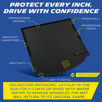 Michelin TPE trunk mat, premium grade material with raised wall prevents liquid spills, professional design with precise fit guaranteed, heavy-duty and easy to install, trim if needed. Folded for packaging, lay flat in sun for 1-2 days or rinse with warm water to remove wrinkles, mat will return to original shape.