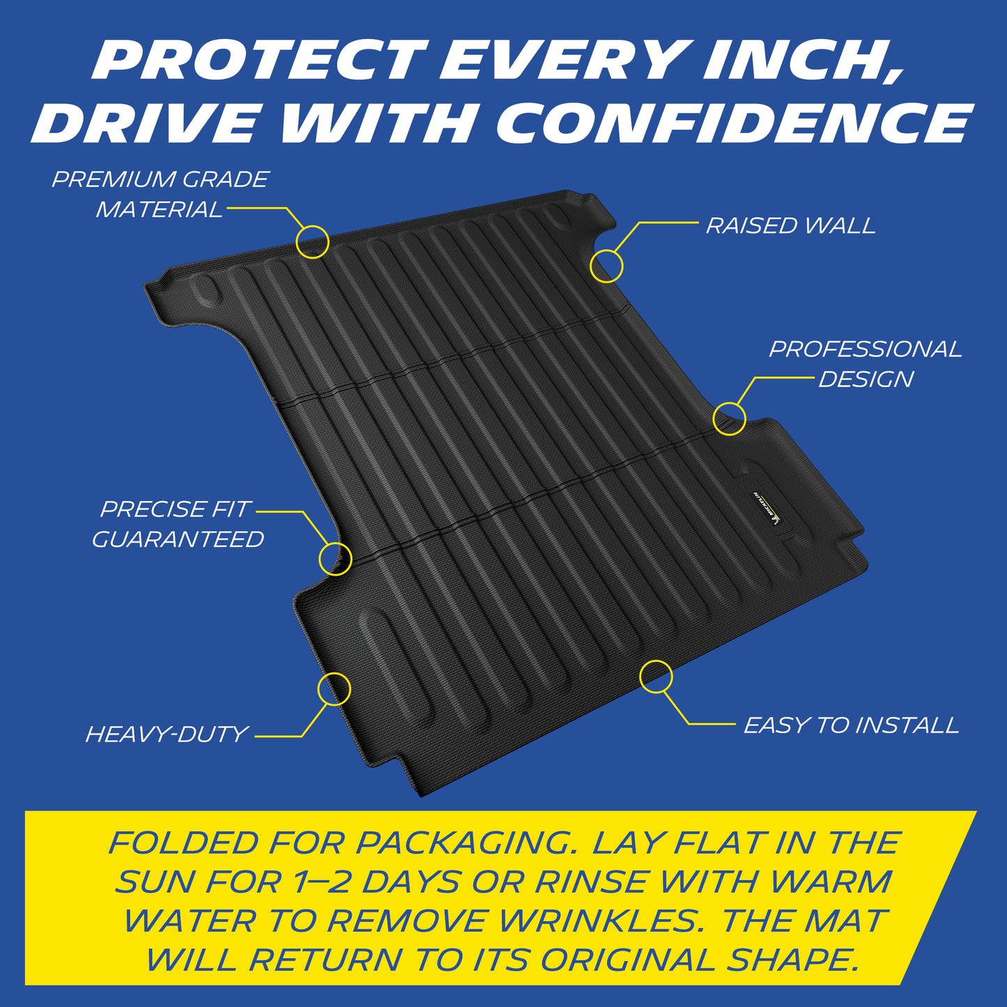 Michelin TPE truck bed mat, premium grade material with raised wall prevents liquid spills, professional design with precise fit guaranteed, heavy-duty and easy to install. Folded for packaging, lay flat in sun for 1-2 days or rinse with warm water to remove wrinkles, mat will return to original shape.
