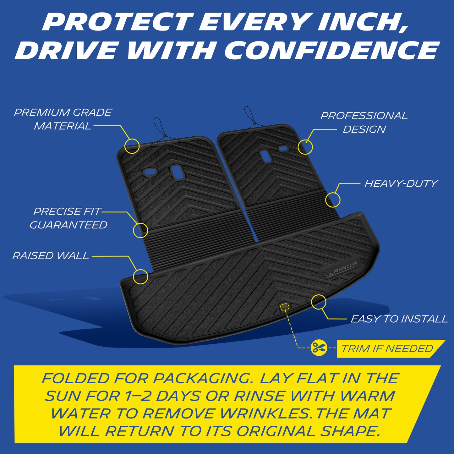 Michelin TPE trunk mat set feature diagram, raised wall & precise fit design