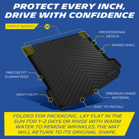 Trunk mat features: customizable trim, spill raised walls, heavy-duty premium TPE, easy install; sun/warm water removes fold creases
