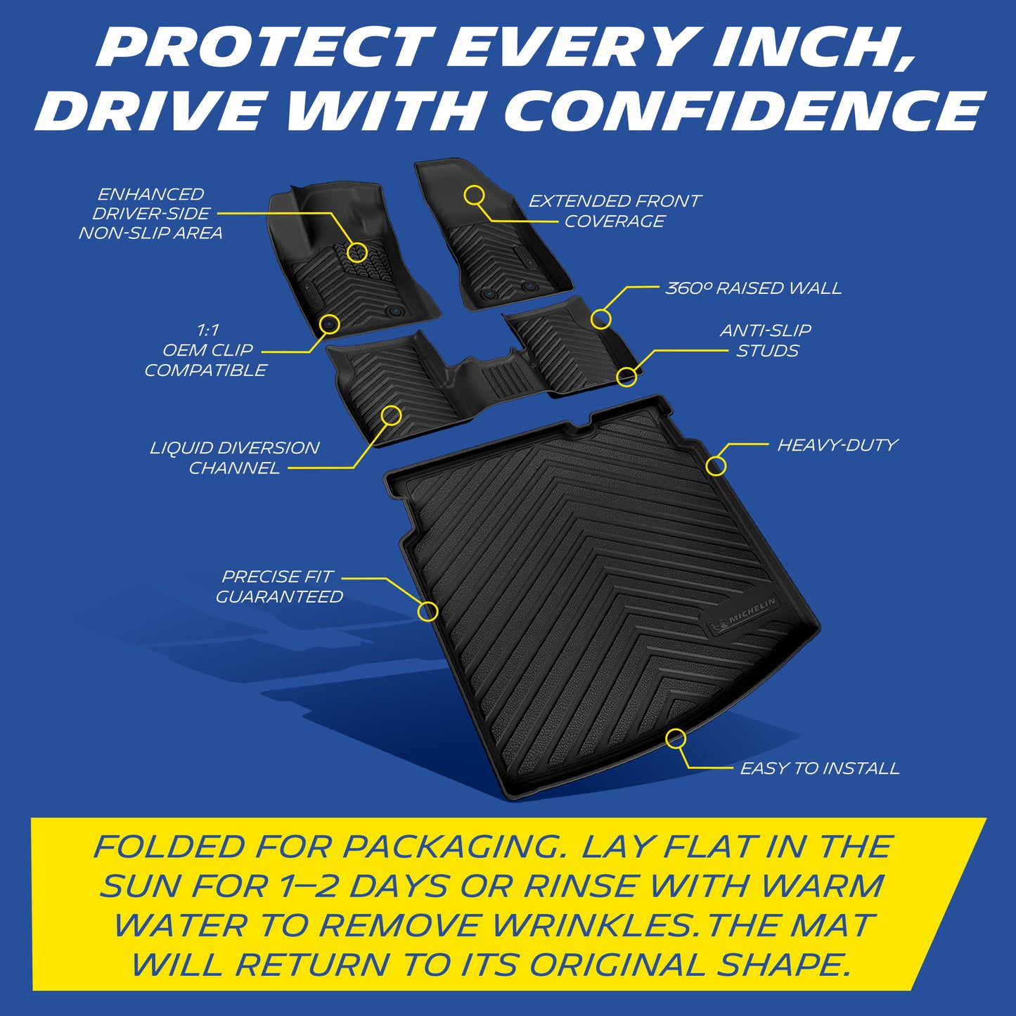 Diagram showing all functional features of custom fit Michelin car floor liners