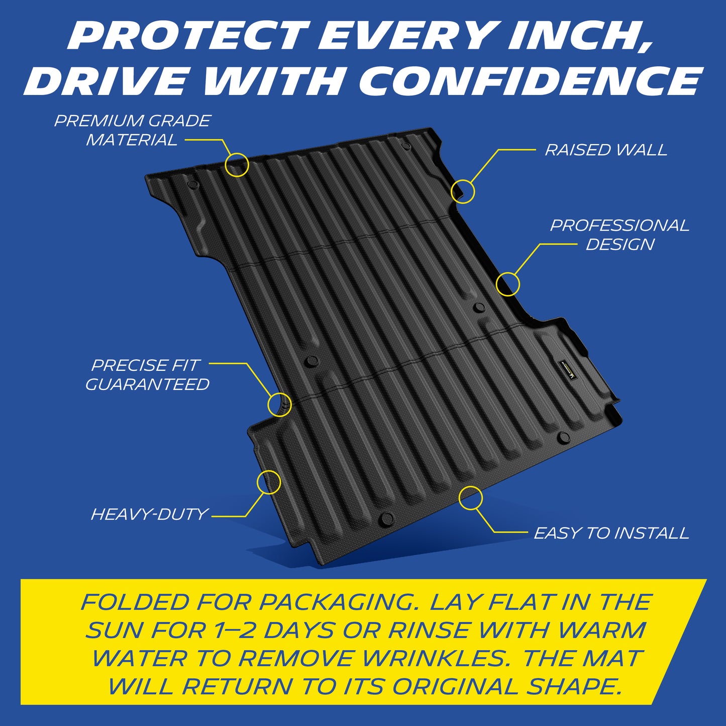 Promotional graphic for all-weather custom truck bed mat with product feature callouts