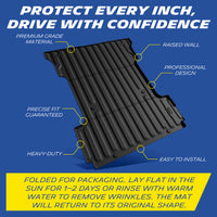 Promotional graphic for all-weather custom truck bed mat with product feature callouts