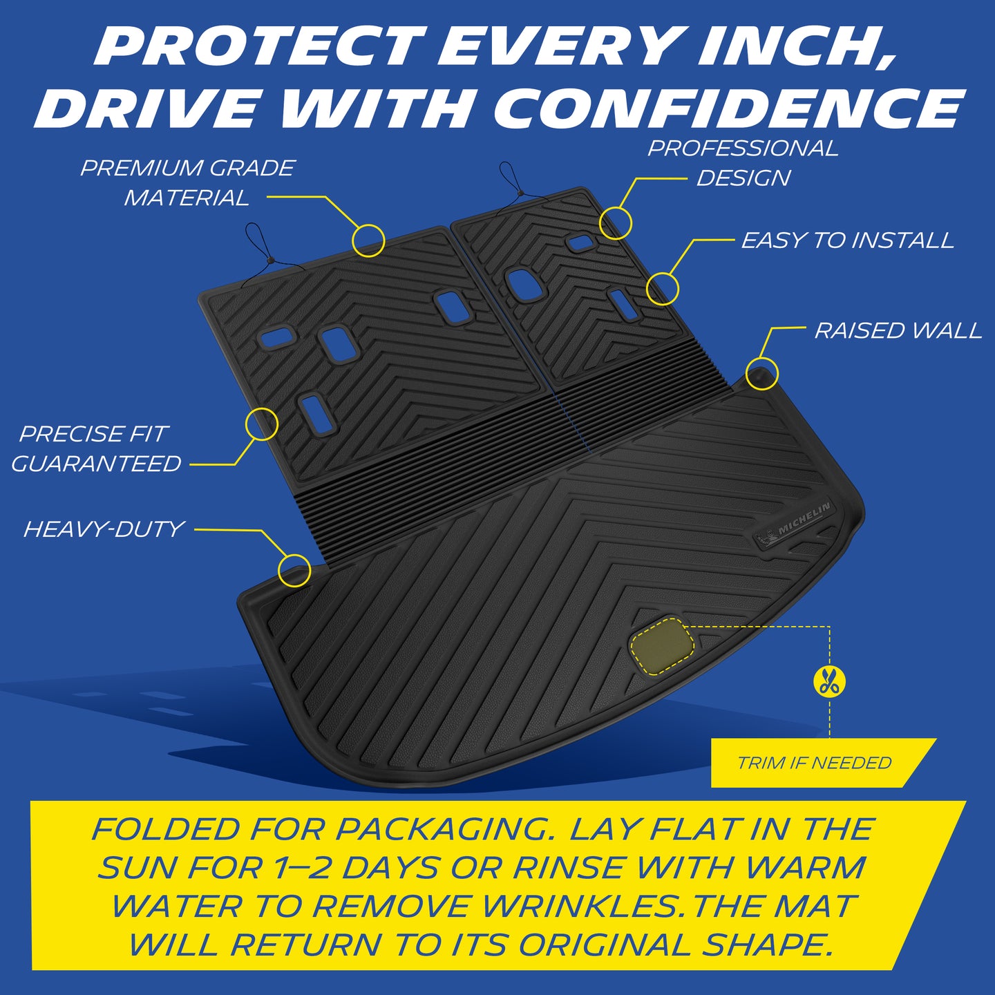 Michelin TPE trunk mat, professional design with raised wall prevents liquid spills, premium grade durable material, precise fit guaranteed with trim if needed, heavy-duty and easy to install. Folded for packaging, lay flat in sun for 1-2 days or rinse with warm water to remove wrinkles, mat will return to original shape.