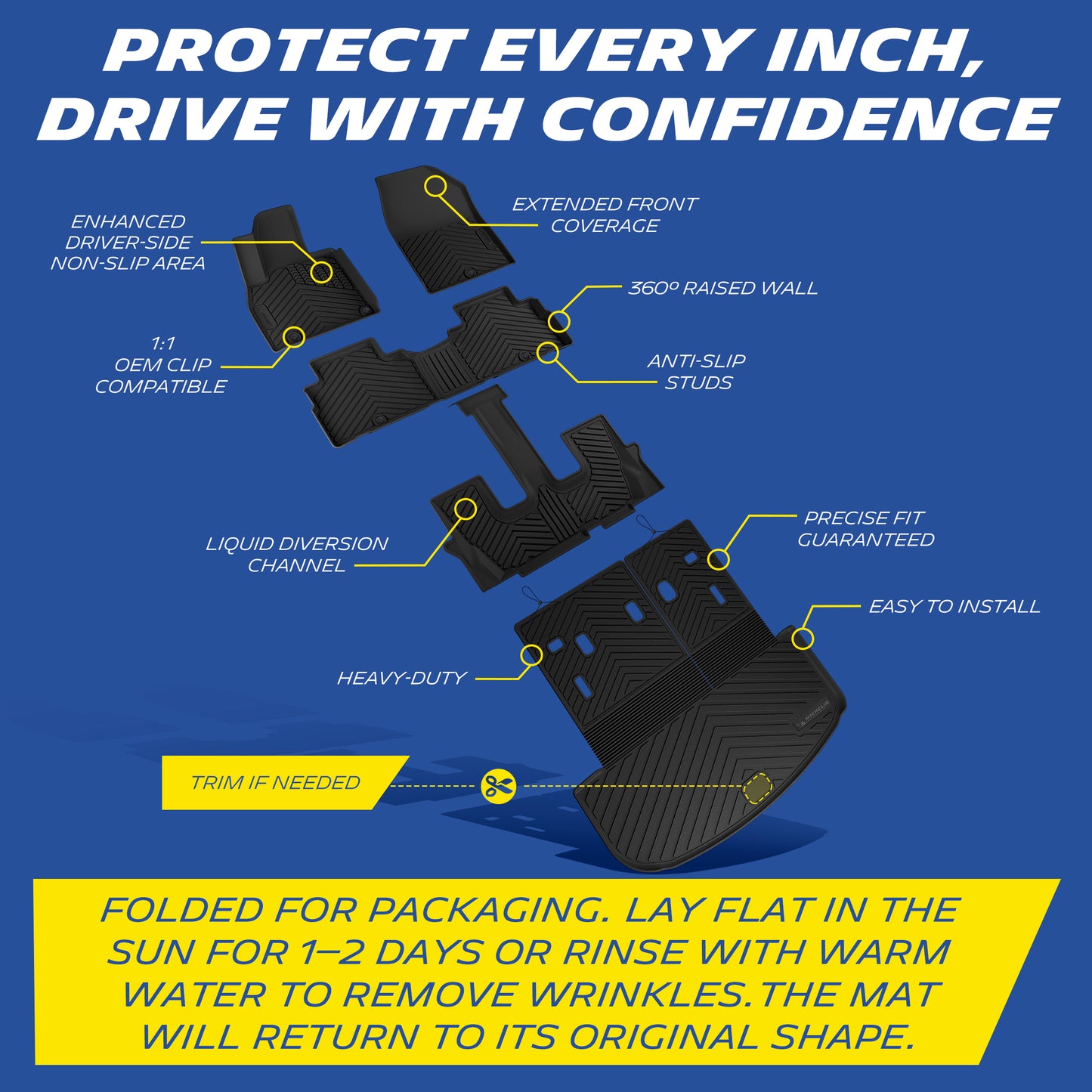Michelin all-weather TPE floor mats, enhanced driver-side non-slip area, extended front coverage, 360° raised wall, 1:1 OEM clip compatible with anti-slip studs, liquid diversion channel, heavy-duty and easy to install with precise fit guaranteed, trim if needed. Folded for packaging, lay flat in sun for 1-2 days or rinse with warm water to remove wrinkles, mat will return to original shape.