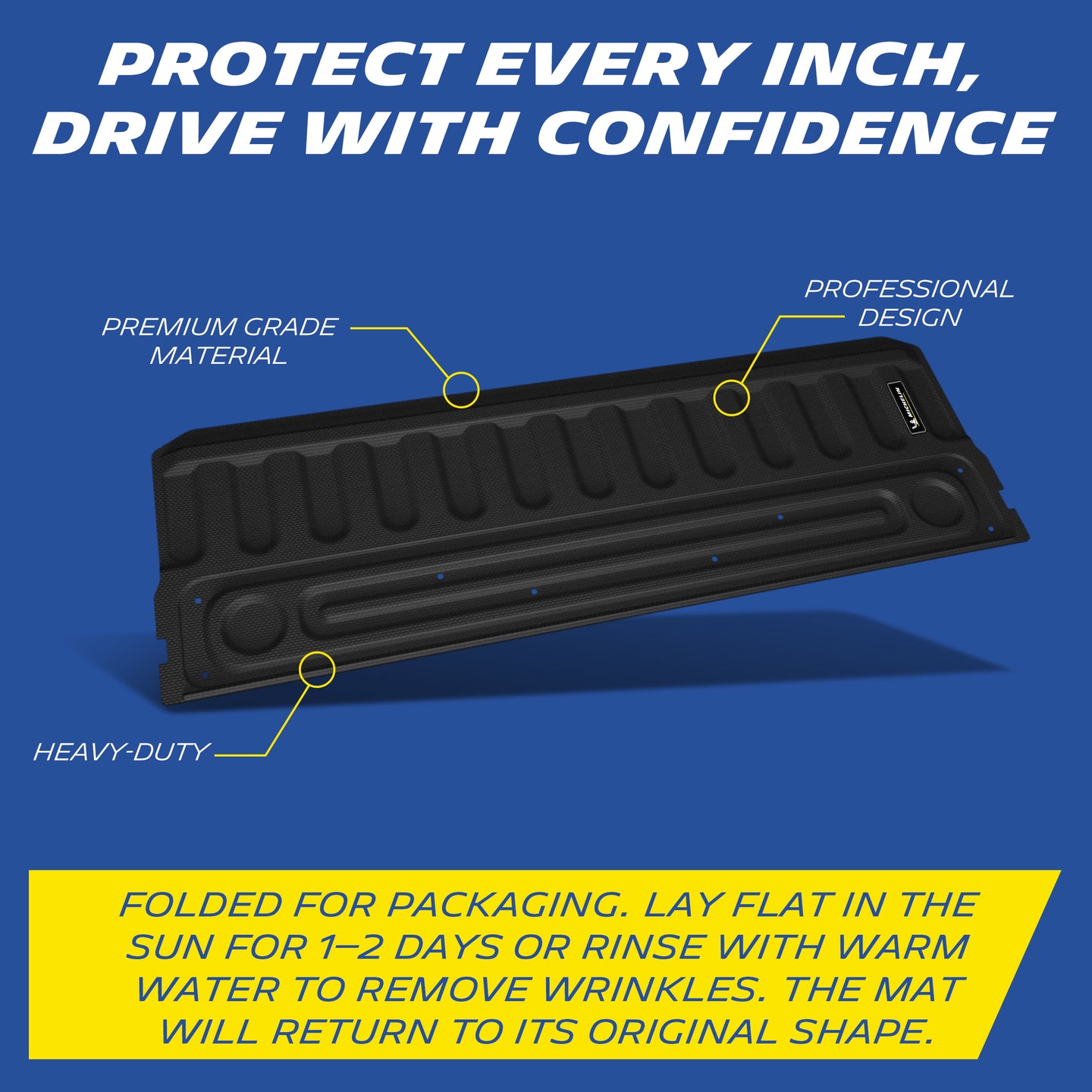 Michelin TPE tailgate mat, premium grade material with raised wall, professional design with precise fit guaranteed, heavy-duty and durable. Folded for packaging, lay flat in sun for 1-2 days or rinse with warm water to remove wrinkles, mat will return to original shape.