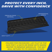 Michelin TPE tailgate mat, premium grade material with raised wall, professional design with precise fit guaranteed, heavy-duty and durable. Folded for packaging, lay flat in sun for 1-2 days or rinse with warm water to remove wrinkles, mat will return to original shape.