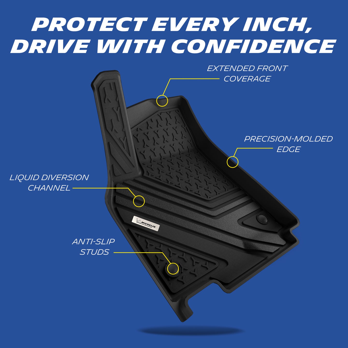 Michelin all-weather TPE floor mats, extended front coverage, precision-molded edge, liquid diversion channel, anti-slip studs for secure fit.