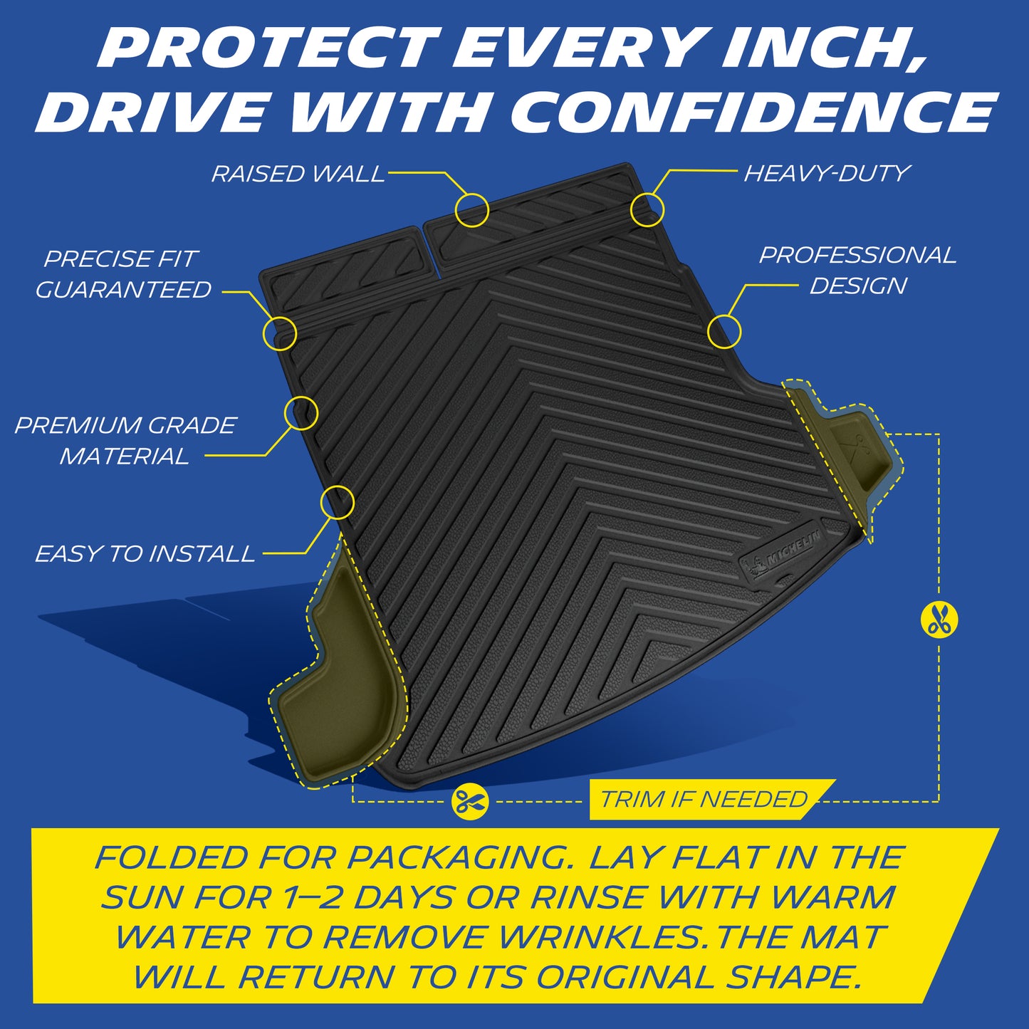 Michelin TPE trunk mat feature labeled diagram, wrinkle removal guide