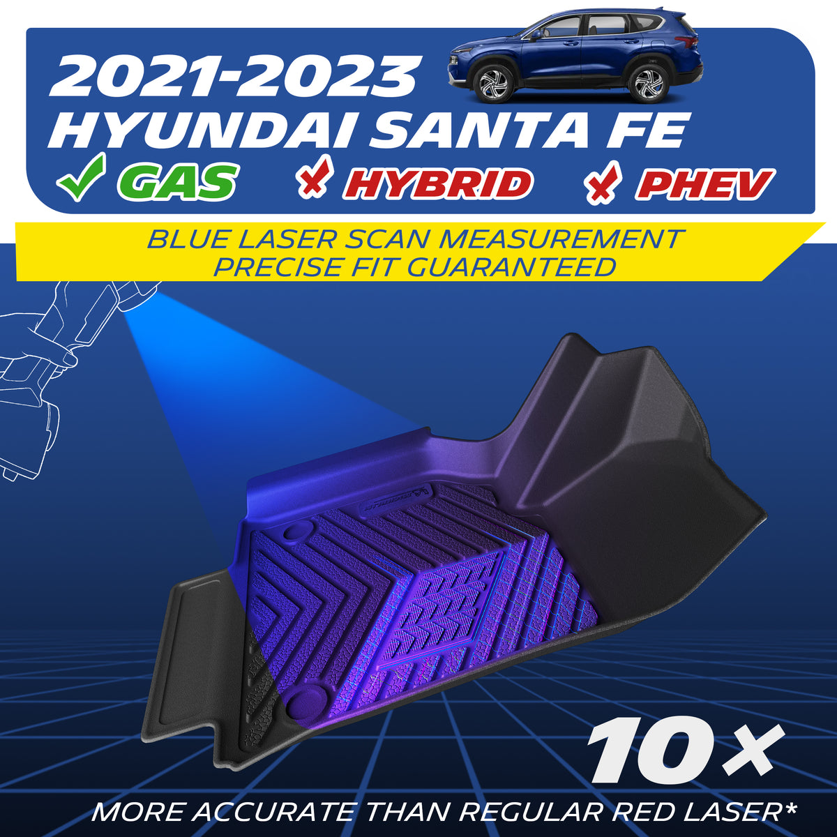 Michelin all-weather TPE floor mats, fits 2021-2023 Hyundai Santa Fe gas models (not for hybrid or PHEV), blue laser scan measurement for precise fit, 10x more accurate than standard red laser, custom-fit guaranteed.