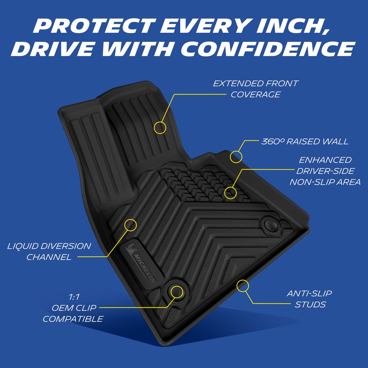 Driver TPE floor mat feature graphic with extended coverage, 360° raised walls, anti-slip studs and drainage channels