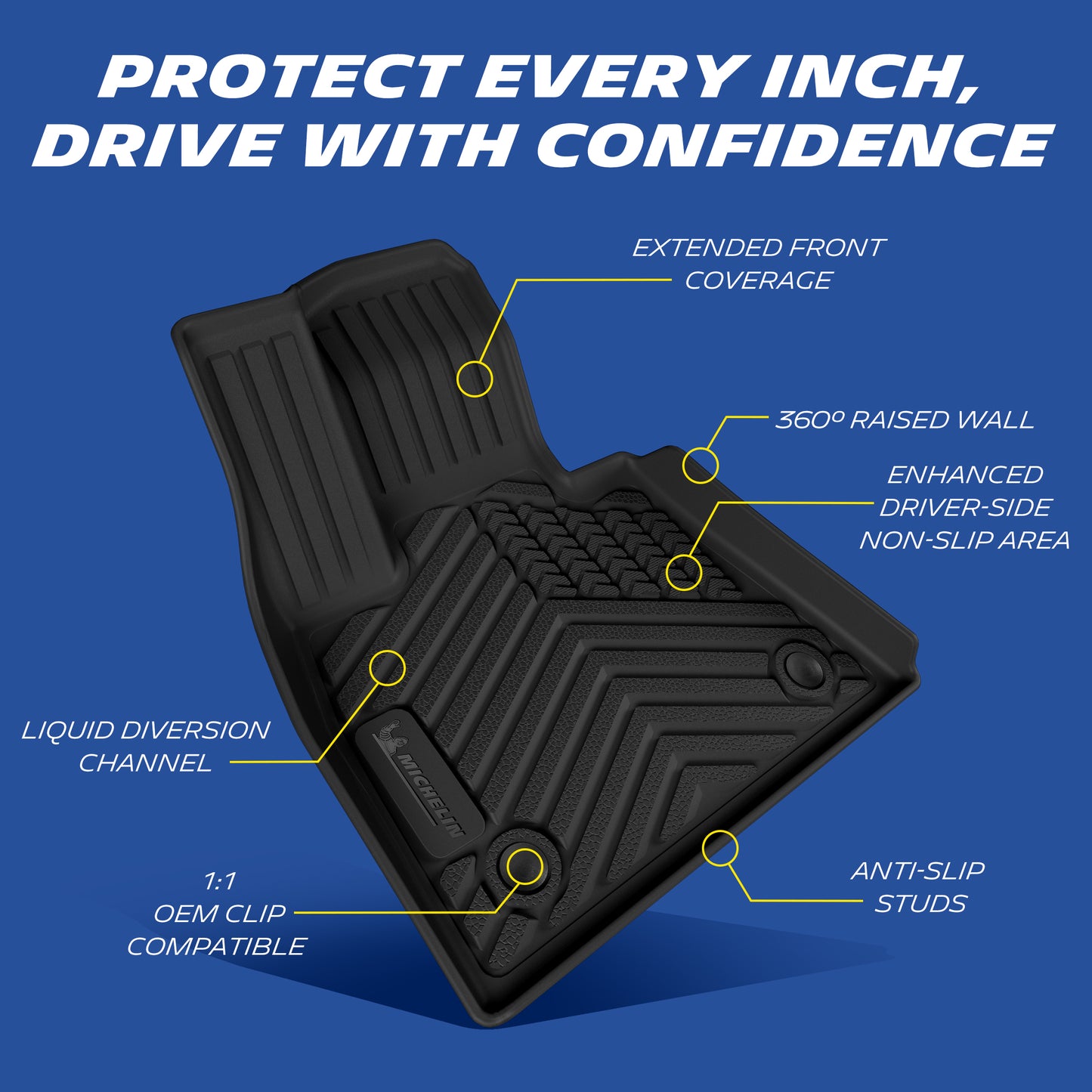 Driver TPE floor mat feature graphic with extended coverage, 360° raised walls, anti-slip studs and drainage channels