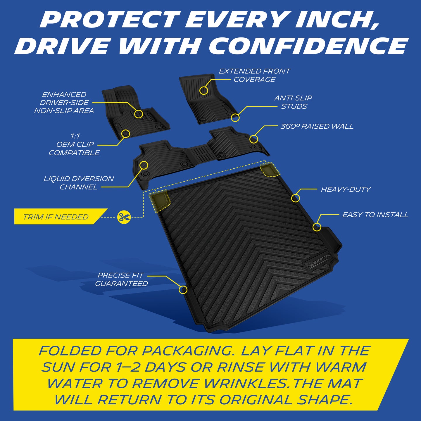 Full mats set with anti-slip design, spill walls & trimable cargo liner; sun/warm water removes packaging wrinkles