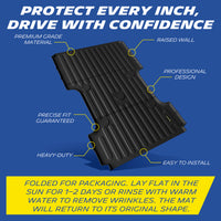 Comprehensive feature diagram of the custom-fit MICHELIN TPE truck bed mat for 2019-2026 Ram 2500/3500 8 FT bed. Callouts highlight 360-degree raised walls, guaranteed precise fit, and heavy-duty construction. Includes shape restoration instructions: lay flat in the sun or rinse with warm water to remove temporary folding wrinkles."