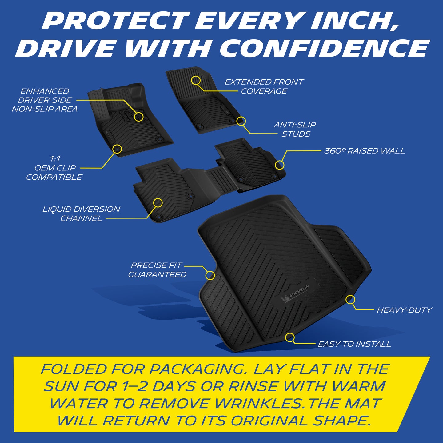 Michelin floor mat features: anti-slip, raised walls, OEM clips, liquid channels, heavy-duty, easy install