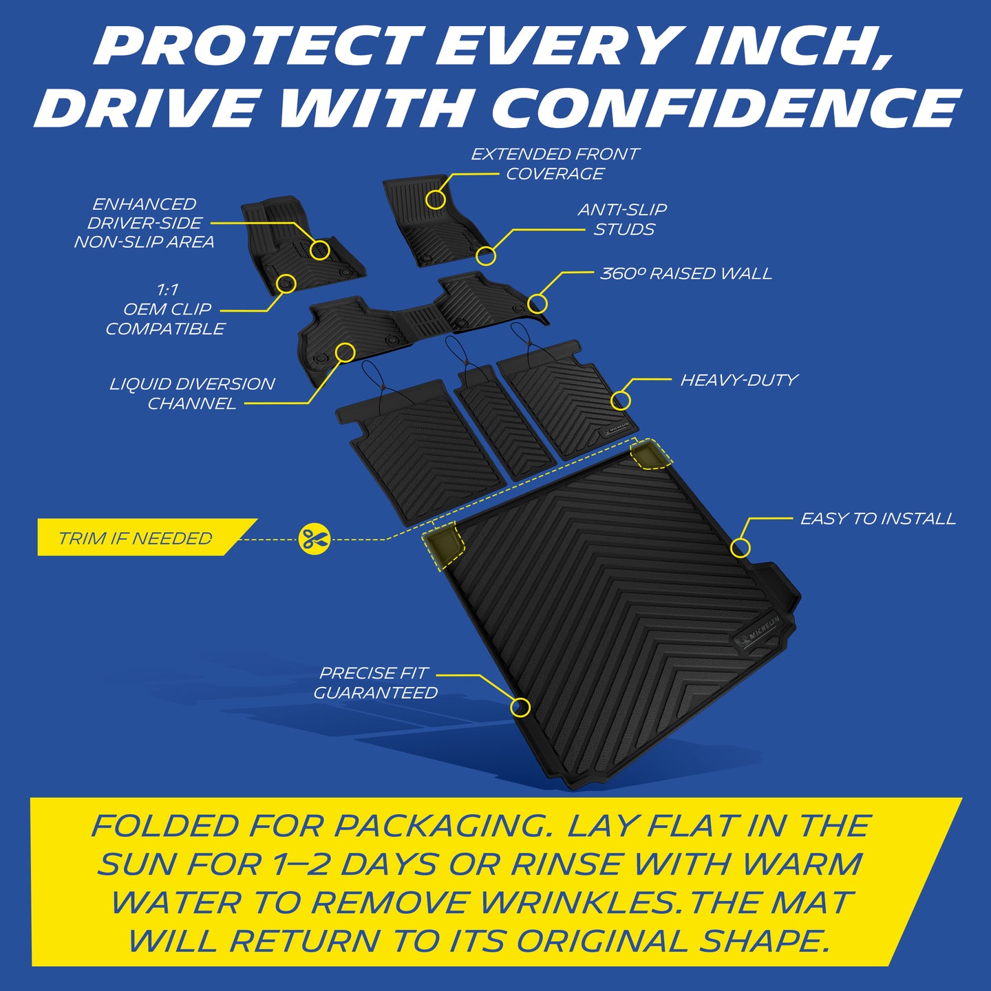 Full mats set with anti-slip, spill walls & trimable cargo mat; easy to remove creases