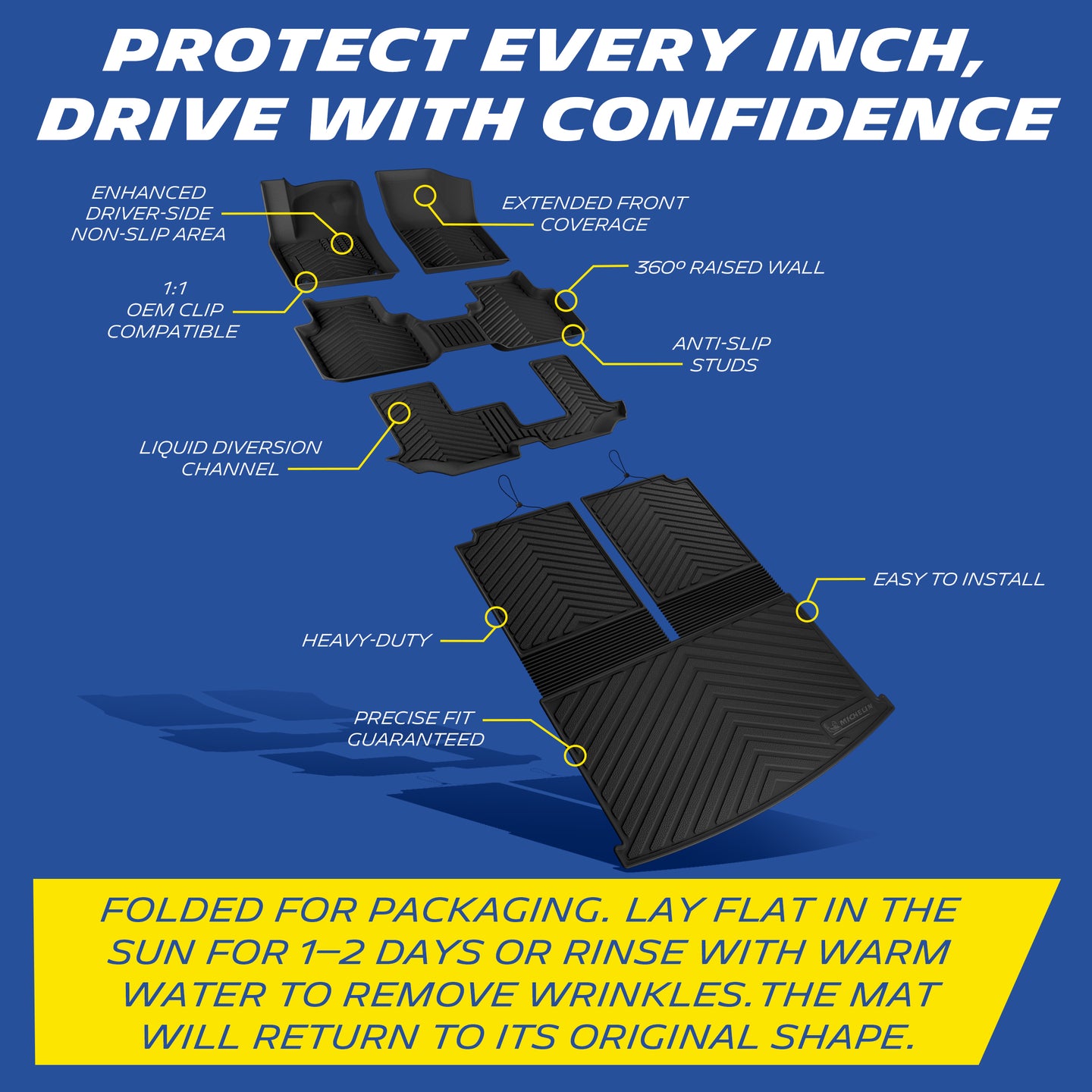 Full set TPE floor & cargo mats with anti-slip, drainage channels, raised walls; wrinkles removable by sun or warm water