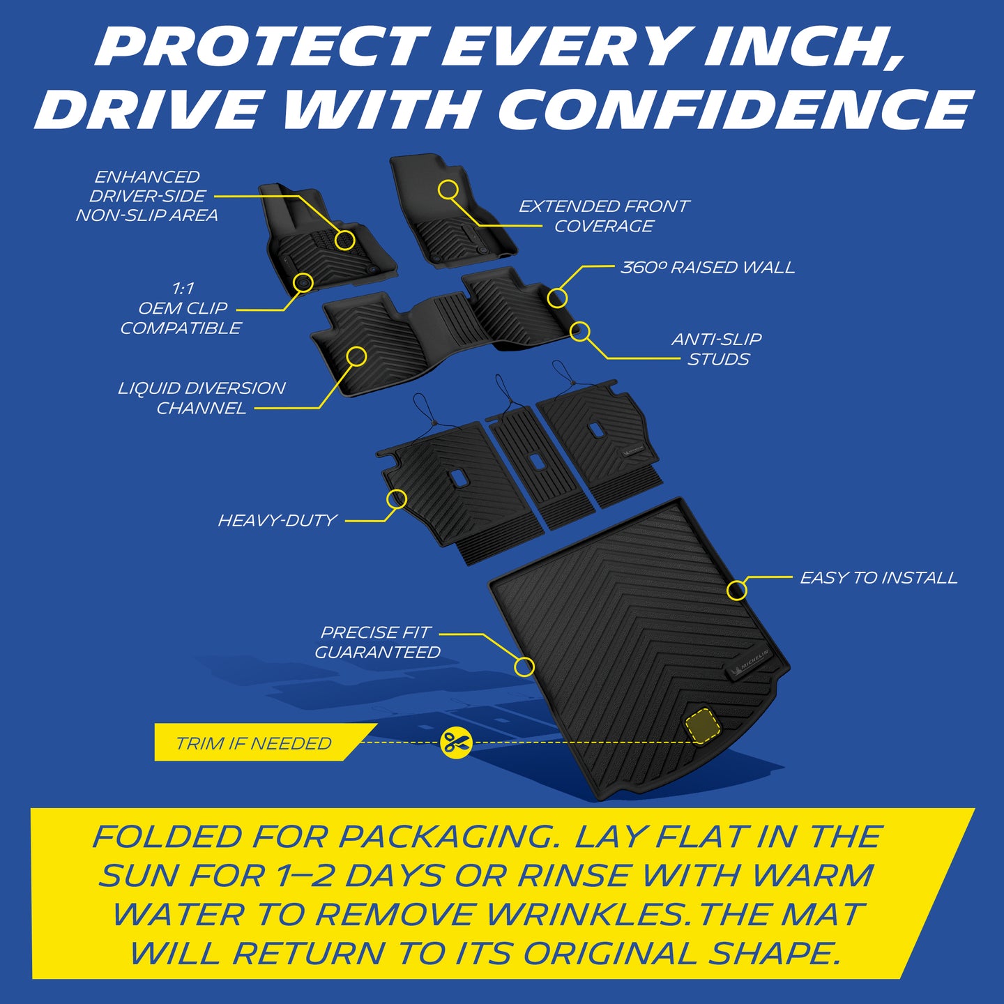 Michelin all-weather TPE floor mats, enhanced driver-side non-slip area, extended front coverage, 360° raised wall, OEM clip compatible with anti-slip studs, liquid diversion channel, heavy-duty and easy to install with precise fit guaranteed, trim if needed. Folded for packaging, lay flat in sun for 1-2 days or rinse with warm water to remove wrinkles, mat will return to original shape.