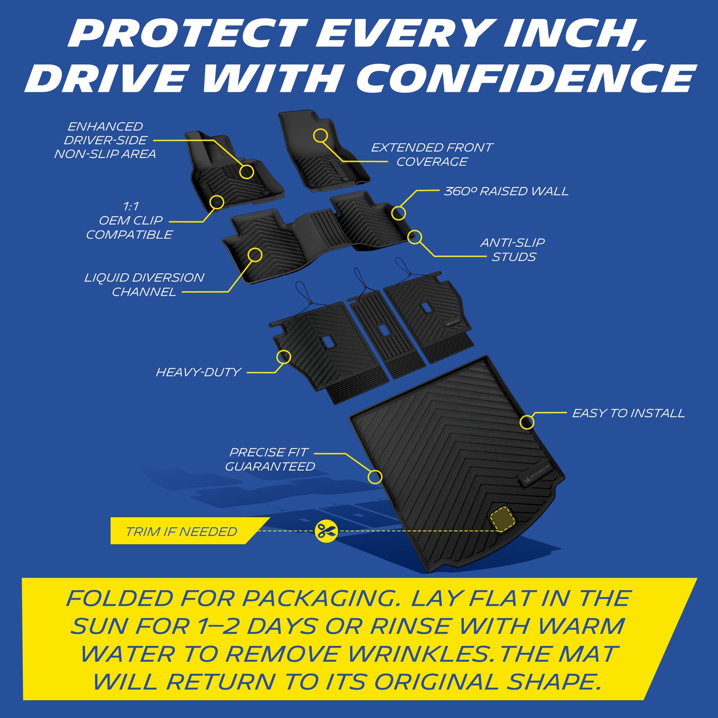 Michelin all-weather TPE floor mats, enhanced driver-side non-slip area, extended front coverage, 360° raised wall, OEM clip compatible with anti-slip studs, liquid diversion channel, heavy-duty and easy to install with precise fit guaranteed, trim if needed. Folded for packaging, lay flat in sun for 1-2 days or rinse with warm water to remove wrinkles, mat will return to original shape.