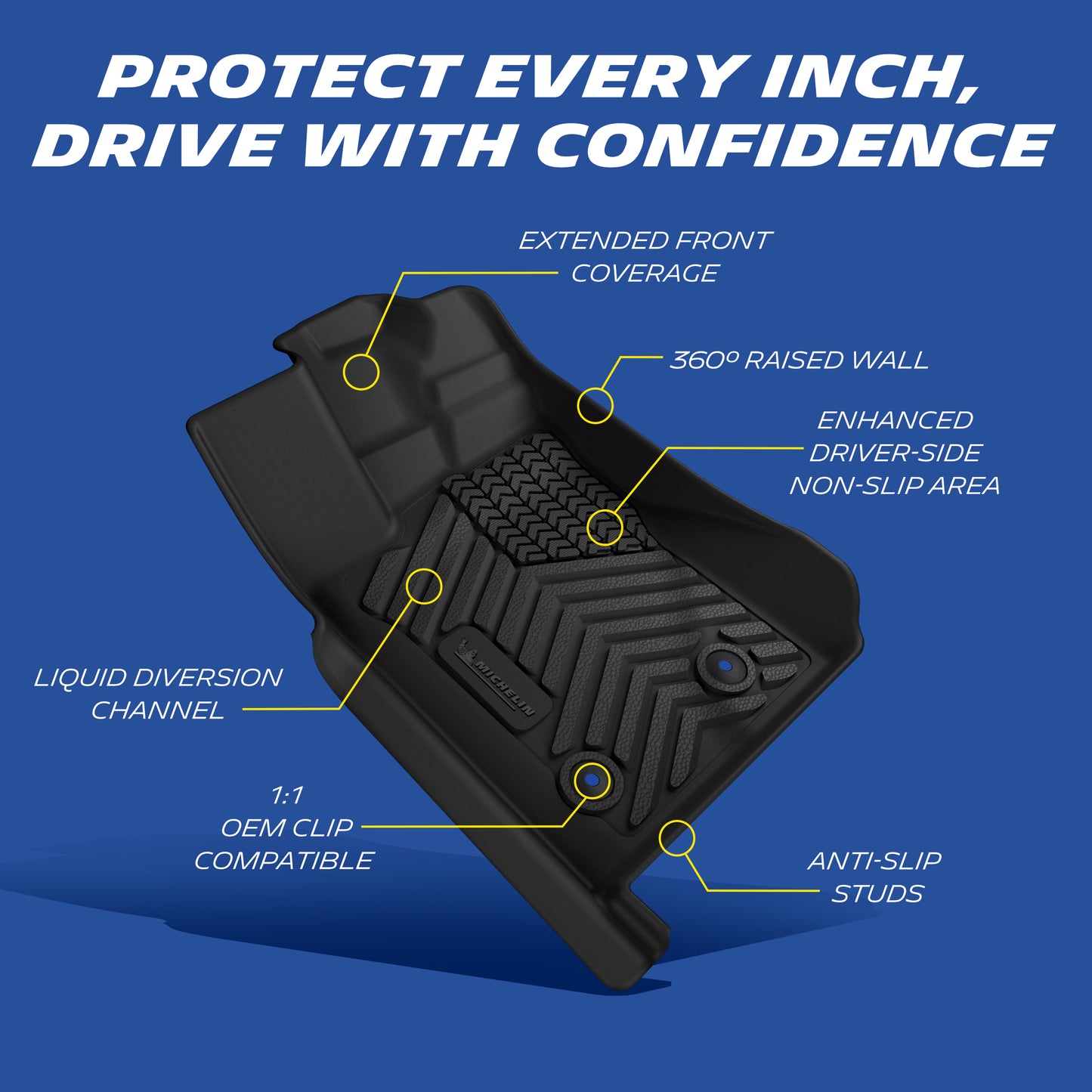 Michelin TPE floor mat features: extended coverage, 360° raised walls, reinforced driver anti-slip zone, liquid diversion channels, OEM mounting holes & bottom anti-slip studs.