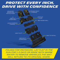 Exploded view of full set Michelin all-weather floor liners for Toyota 4Runner, key functional marks and wrinkle recovery instruction