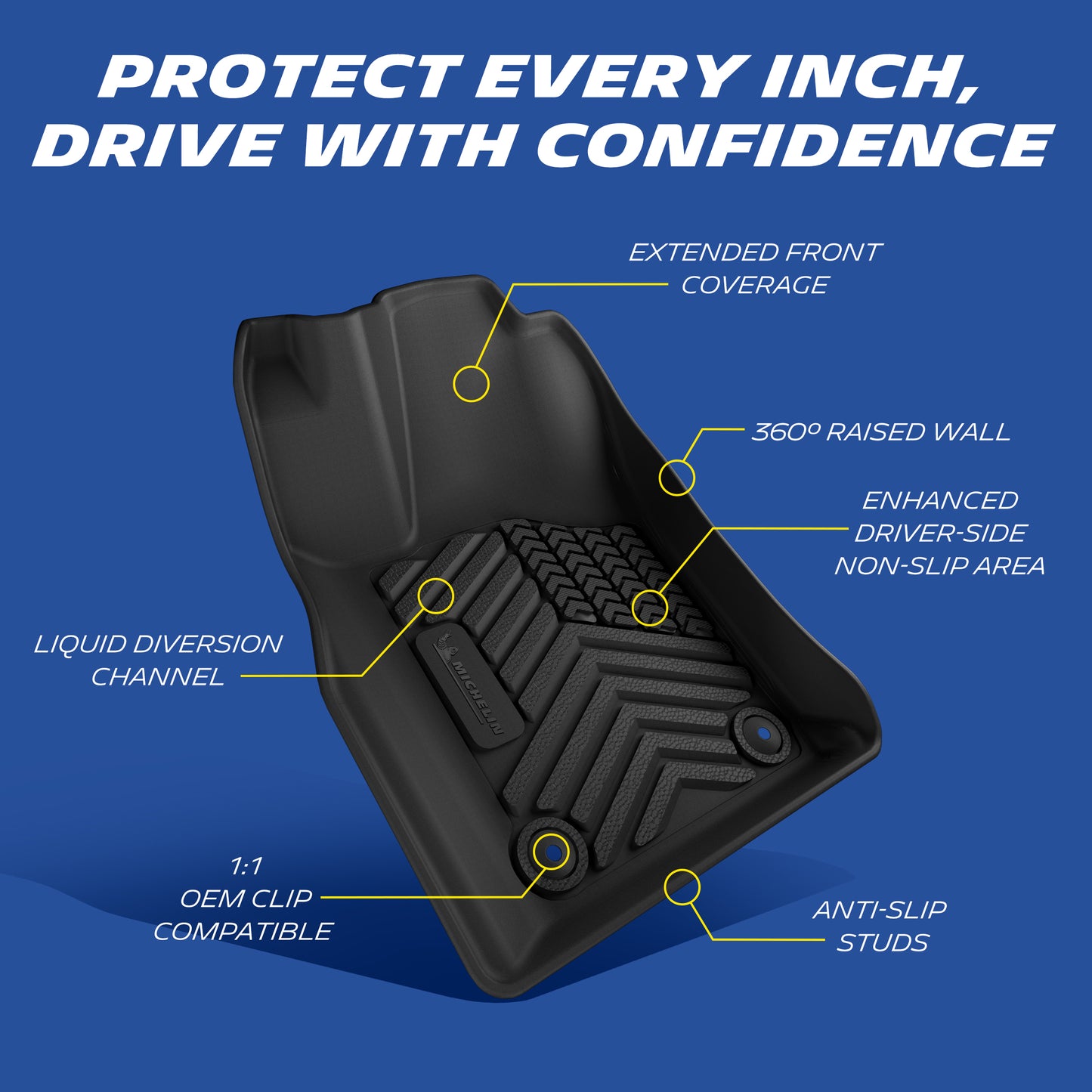 Michelin floor mat features: raised edges, anti-slip, OEM clips, liquid channels.