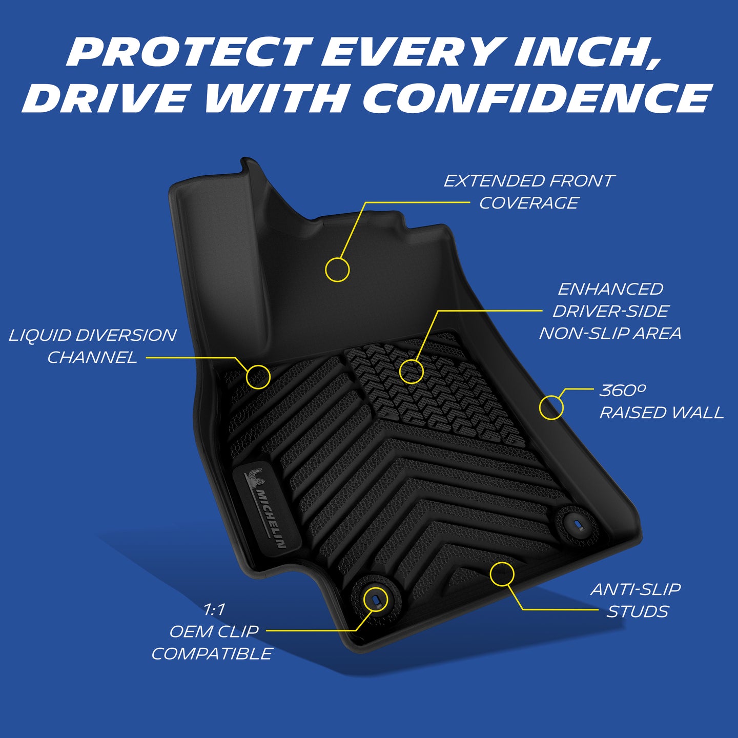 Label diagram showing full coverage features of custom molded Michelin floor mat
