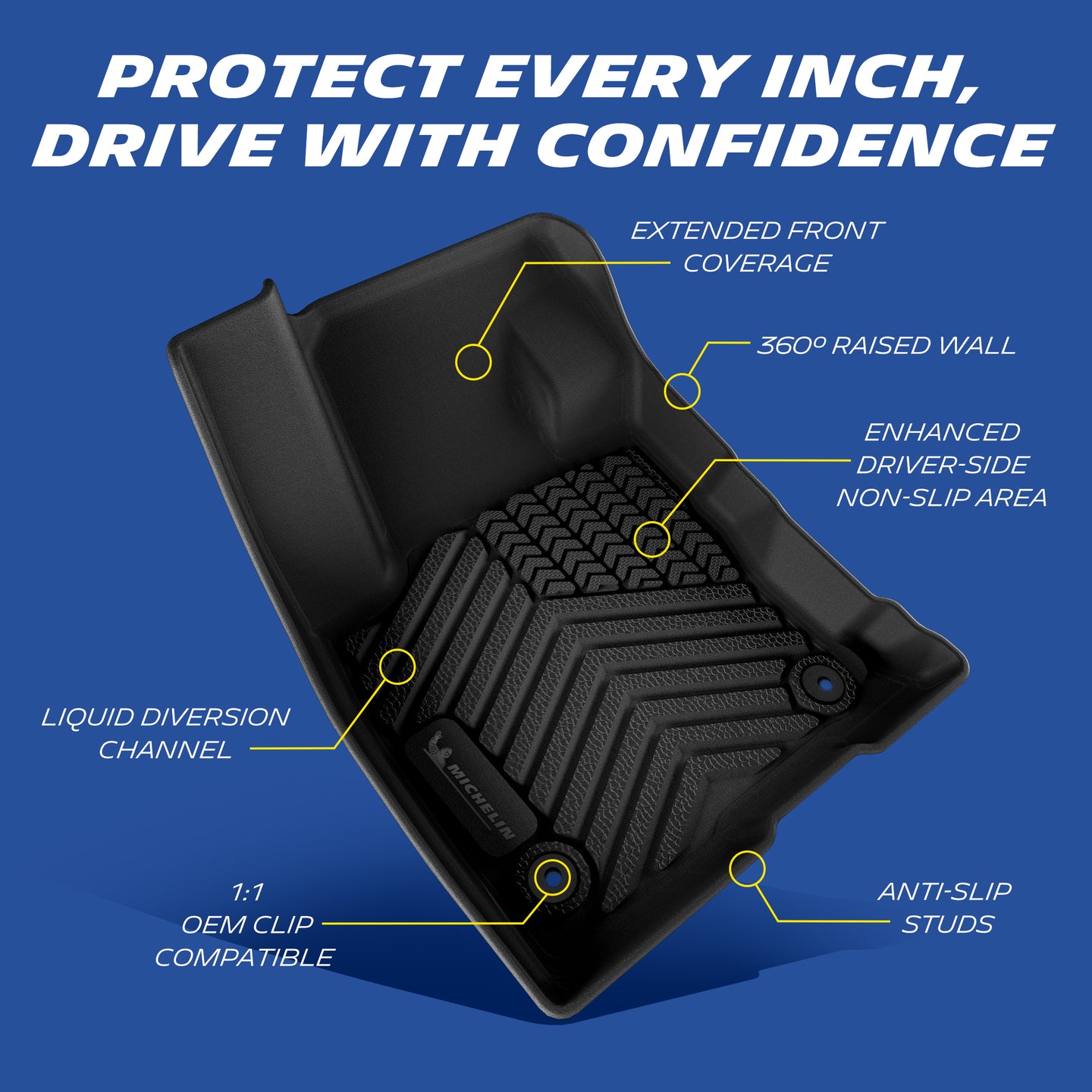 Michelin floor mat features: raised edges, anti-slip, OEM clips, liquid channels.