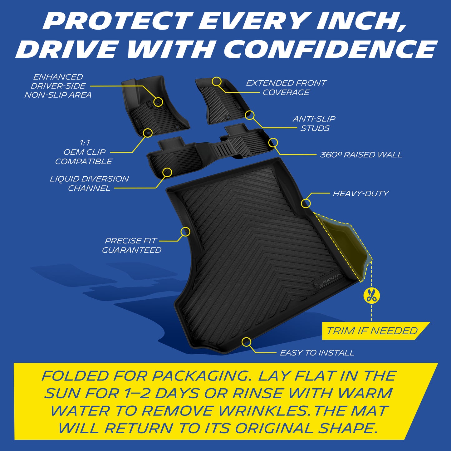 Michelin floor mat features: anti-slip, raised walls, OEM clips, liquid channels, heavy-duty, easy install.