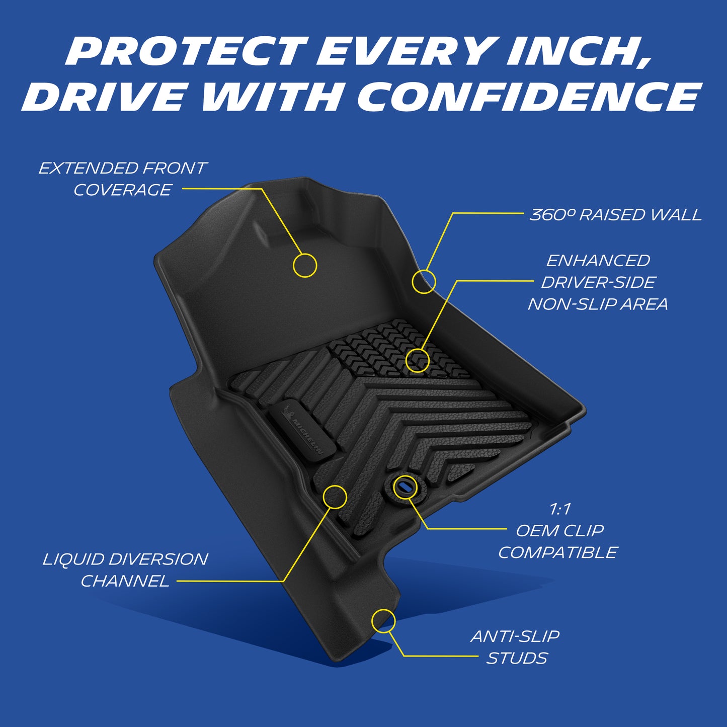 Michelin all-weather TPE floor mats, extended front coverage, 360° raised wall prevents overflow, enhanced driver-side non-slip area, 1:1 OEM clip compatible with anti-slip studs, liquid diversion channel for secure fit.