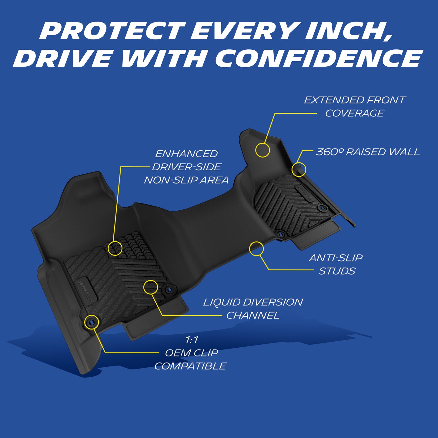 Michelin all-weather TPE floor mats, extended front coverage, enhanced driver-side non-slip area, 360° raised wall prevents overflow, anti-slip studs, liquid diversion channel, OEM clip compatible for secure fit.
