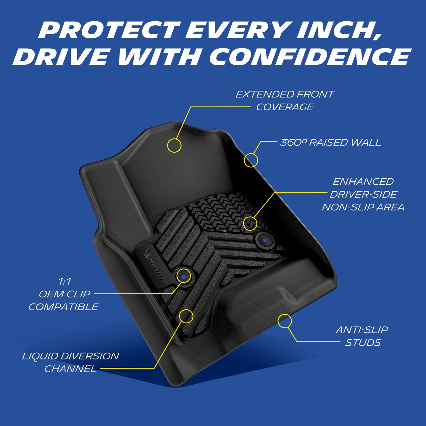Michelin floor mat features: raised edges, anti-slip, OEM clips, liquid channels.